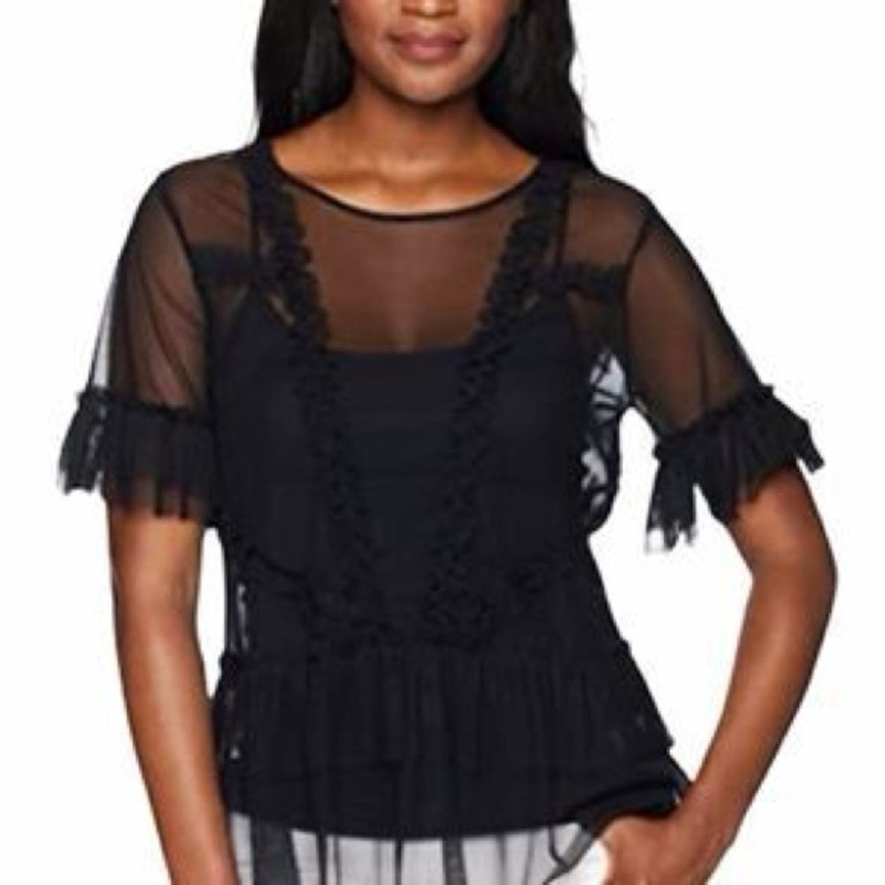 Vince Camuto Sheer Mesh Top Women S Black Short Sleeve Ruffle Whimsigoth Top